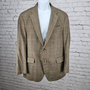 IKE Behar Brown 100% Silk Blue Check 2 Button Vented Notch Blazer Sport Coat 42R